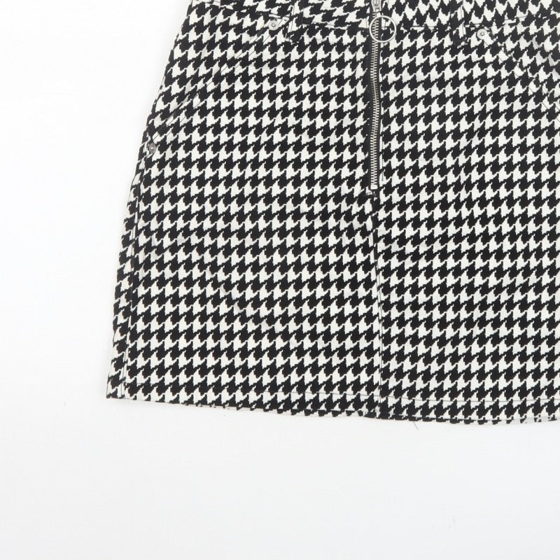Topshop Women Black White UK 8 A-Line Mini Houndstooth Zip Skirt