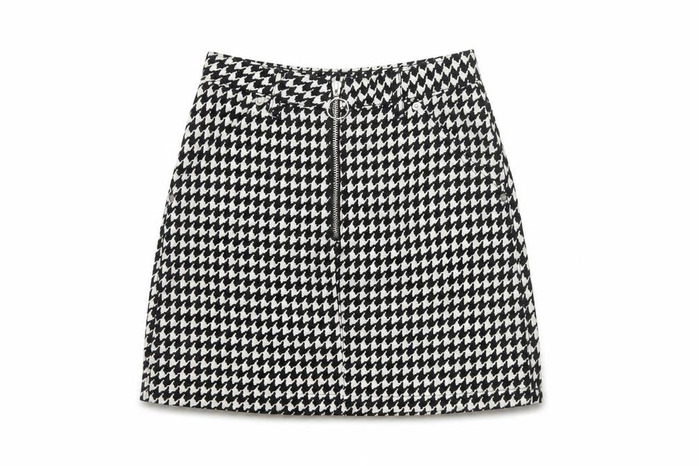 Topshop Women Black White UK 8 A-Line Mini Houndstooth Zip Skirt