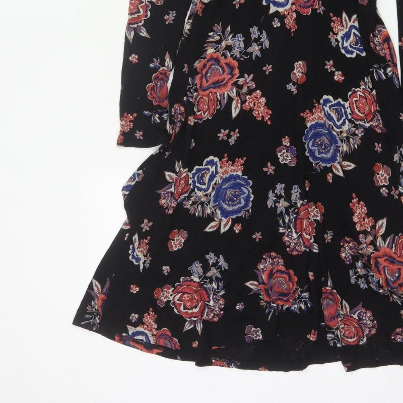 Monsoon Women Black Floral UK 10 Midi Fit & Flare Wrap Dress