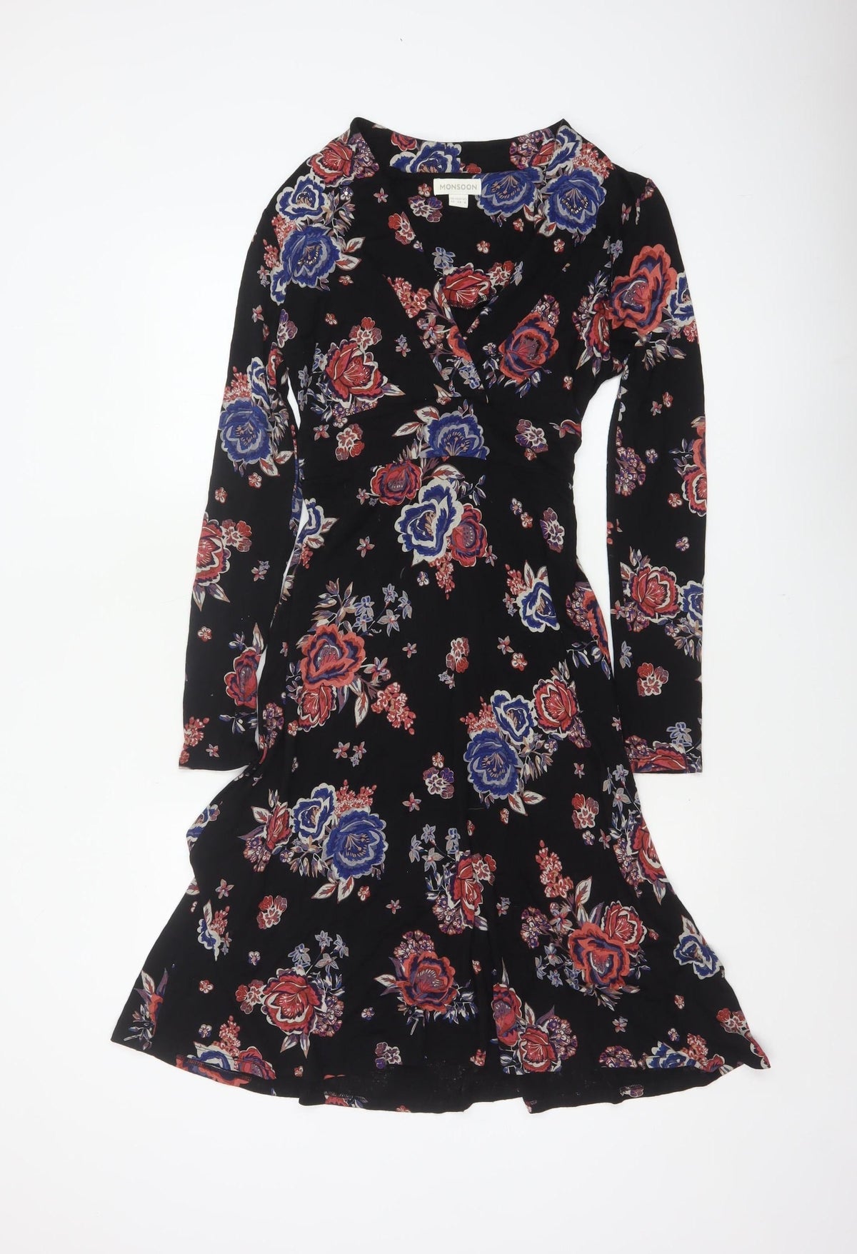 Monsoon Women Black Floral UK 10 Midi Fit & Flare Wrap Dress