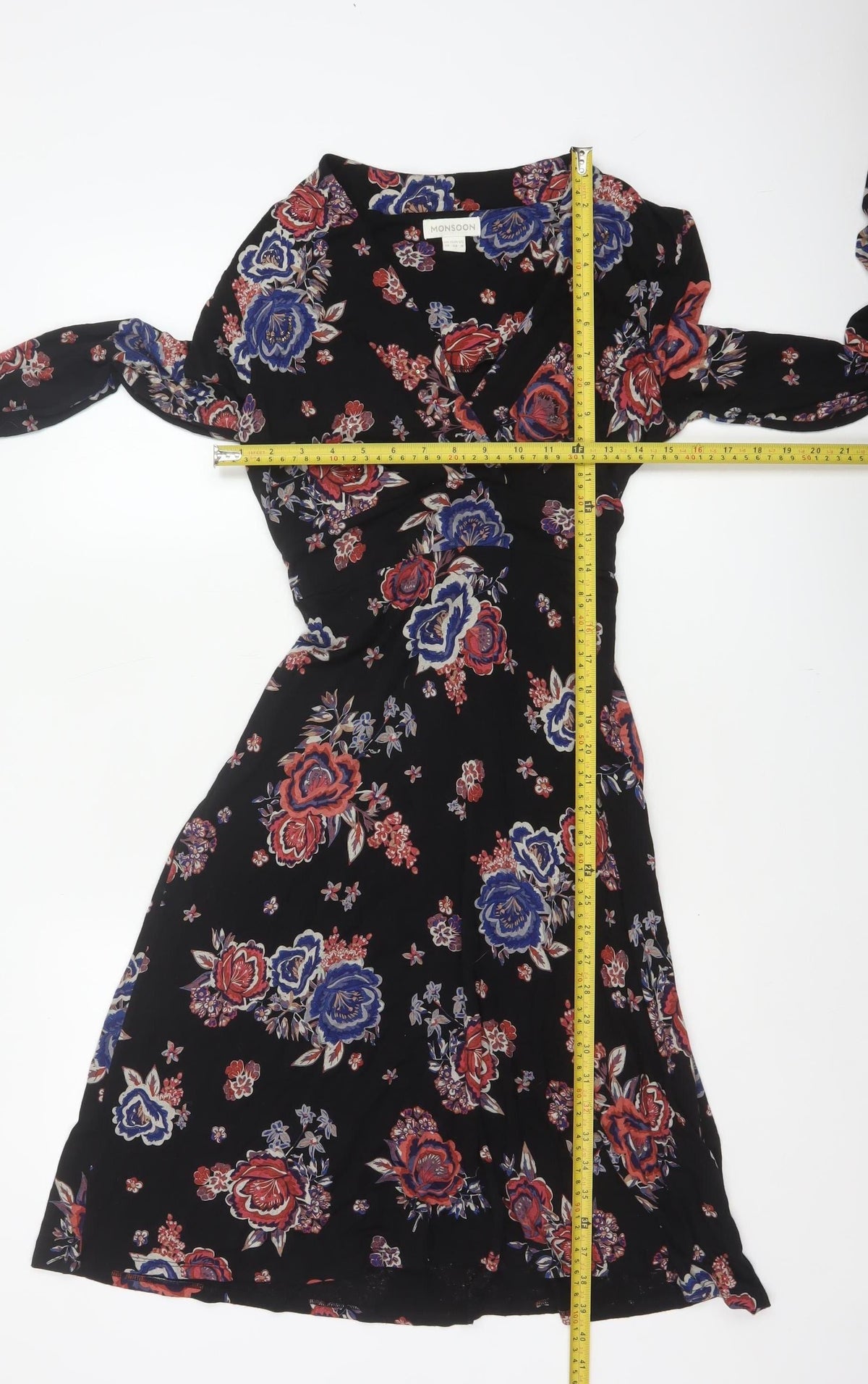 Monsoon Women Black Floral UK 10 Midi Fit & Flare Wrap Dress