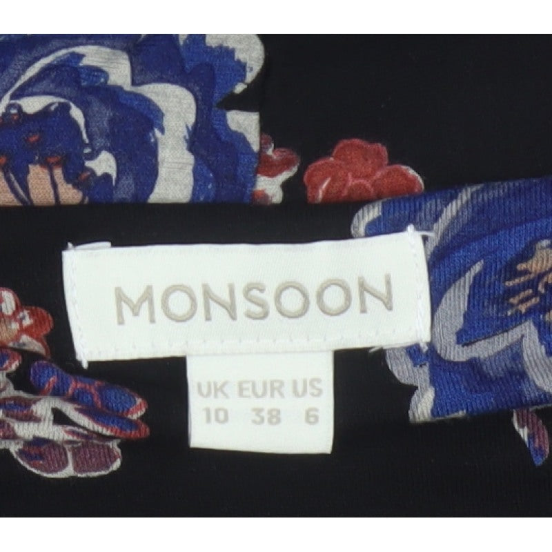 Monsoon Women Black Floral UK 10 Midi Fit & Flare Wrap Dress