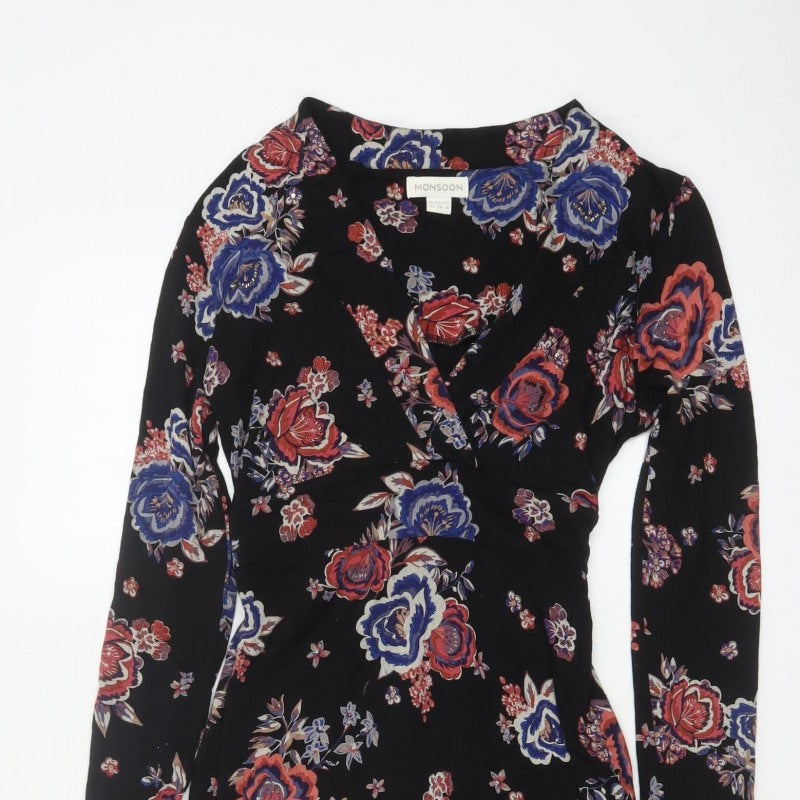 Monsoon Women Black Floral UK 10 Midi Fit & Flare Wrap Dress