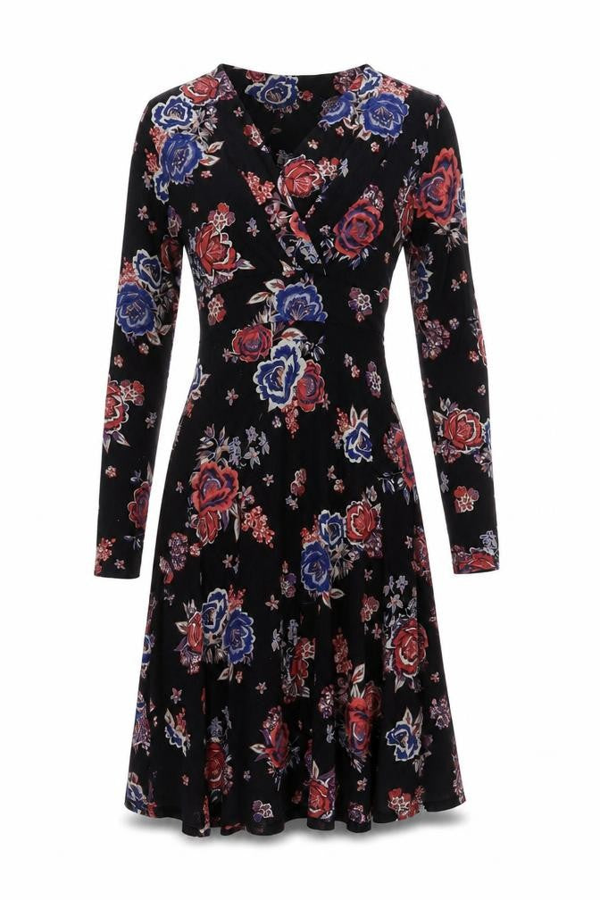 Monsoon Women Black Floral UK 10 Midi Fit & Flare Wrap Dress