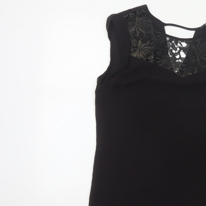 Oasis Women Black Size 12 Lace Yoke Sheer Tunic Blouse