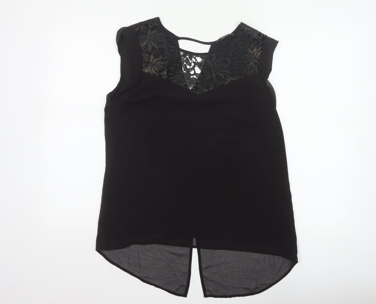 Oasis Women Black Size 12 Lace Yoke Sheer Tunic Blouse