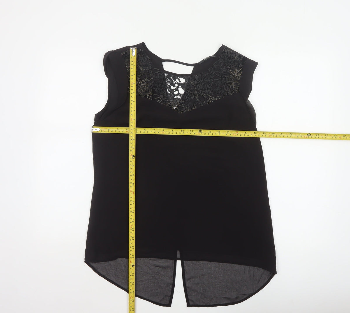Oasis Women Black Size 12 Lace Yoke Sheer Tunic Blouse
