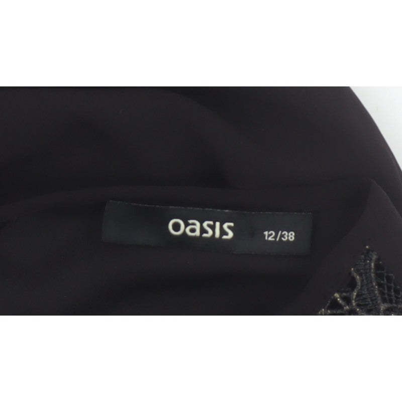 Oasis Women Black Size 12 Lace Yoke Sheer Tunic Blouse