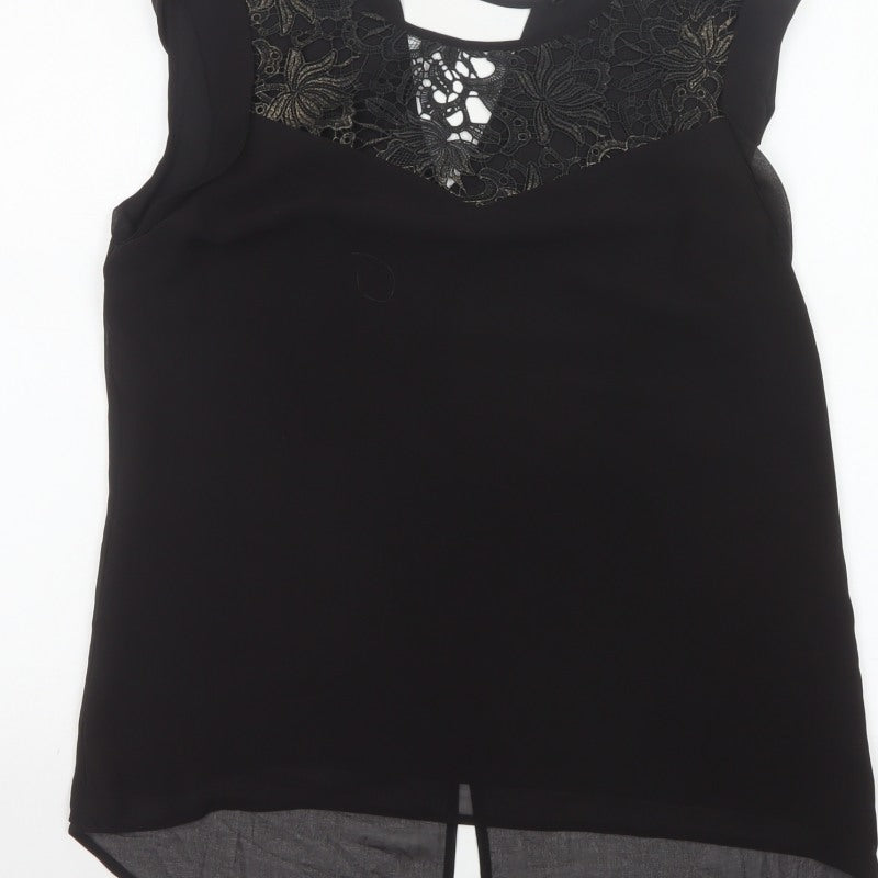 Oasis Women Black Size 12 Lace Yoke Sheer Tunic Blouse