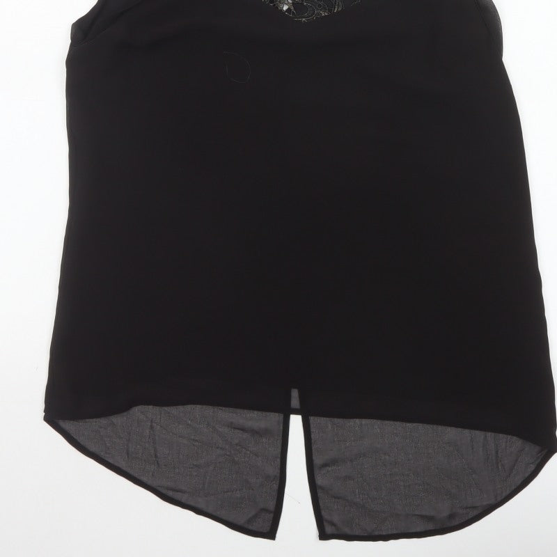 Oasis Women Black Size 12 Lace Yoke Sheer Tunic Blouse