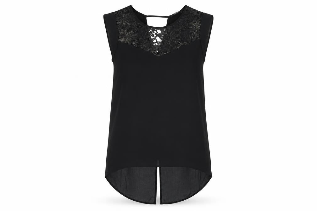Oasis Women Black Size 12 Lace Yoke Sheer Tunic Blouse