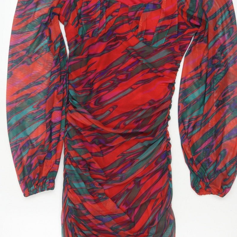 Quiz Women Multicoloured Size 10 Ruched Mesh Bodycon Party Dress