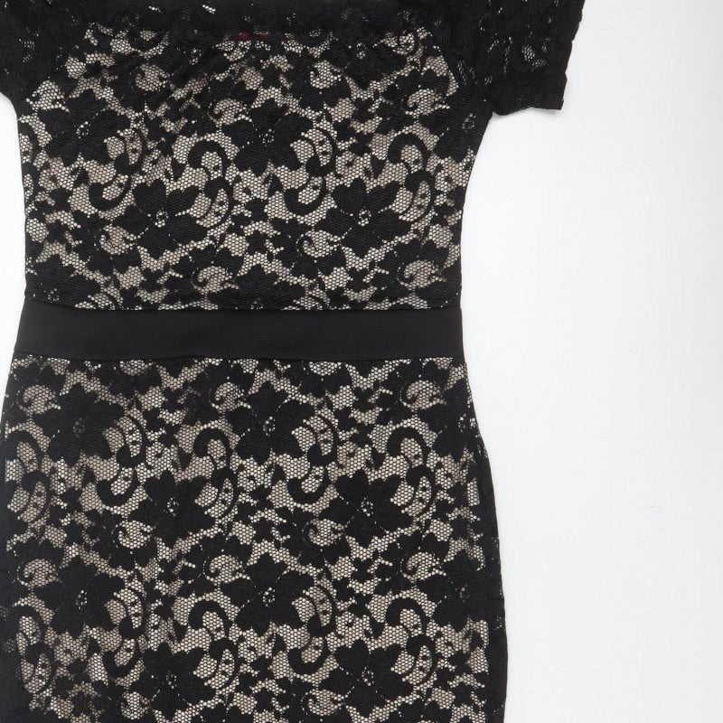 Boohoo Women Black UK 14 Floral Lace Bodycon Knee Party Dress