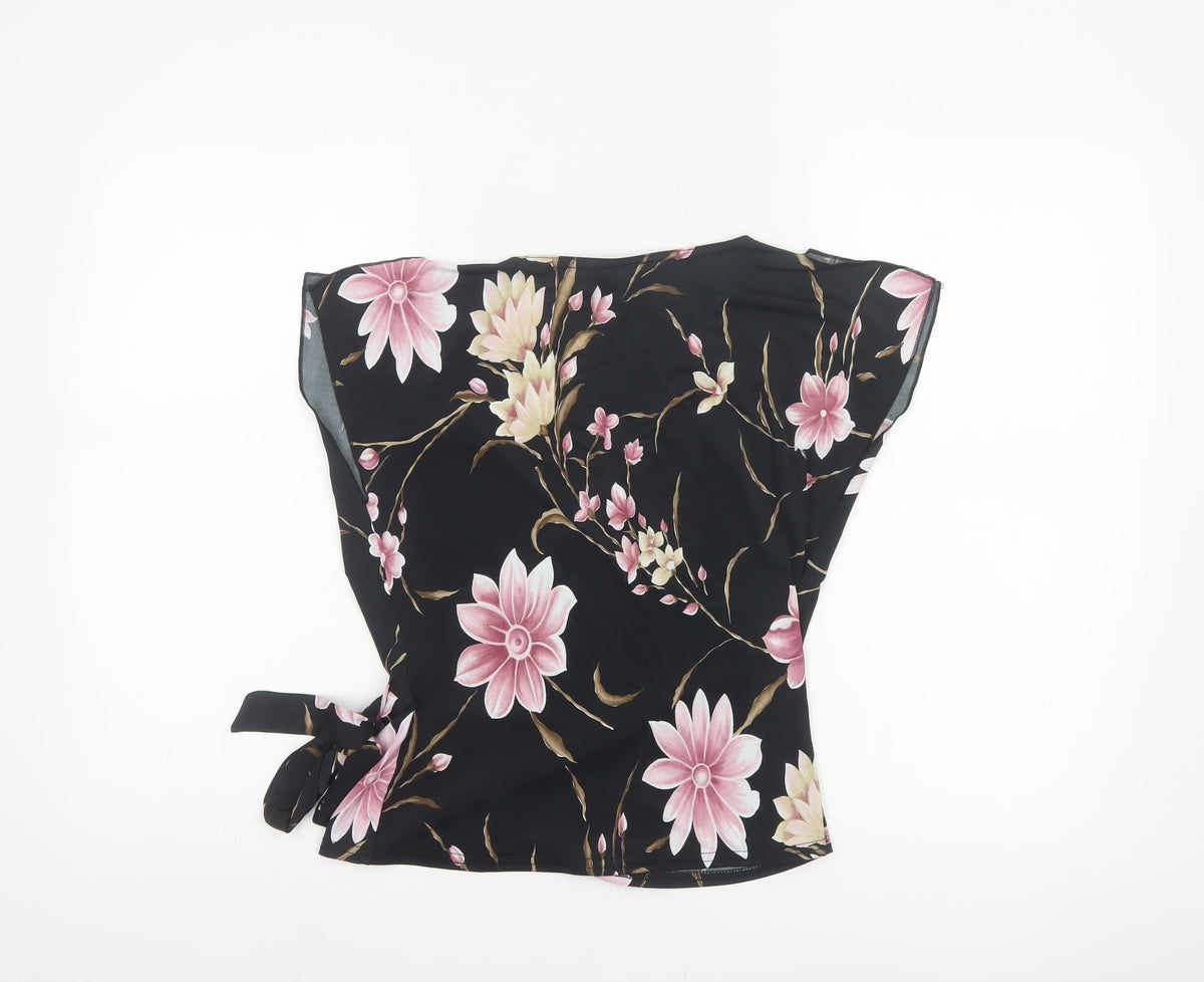 Pilot Women’s Black Floral Wrap Blouse UK 12 Cap Sleeve Tie