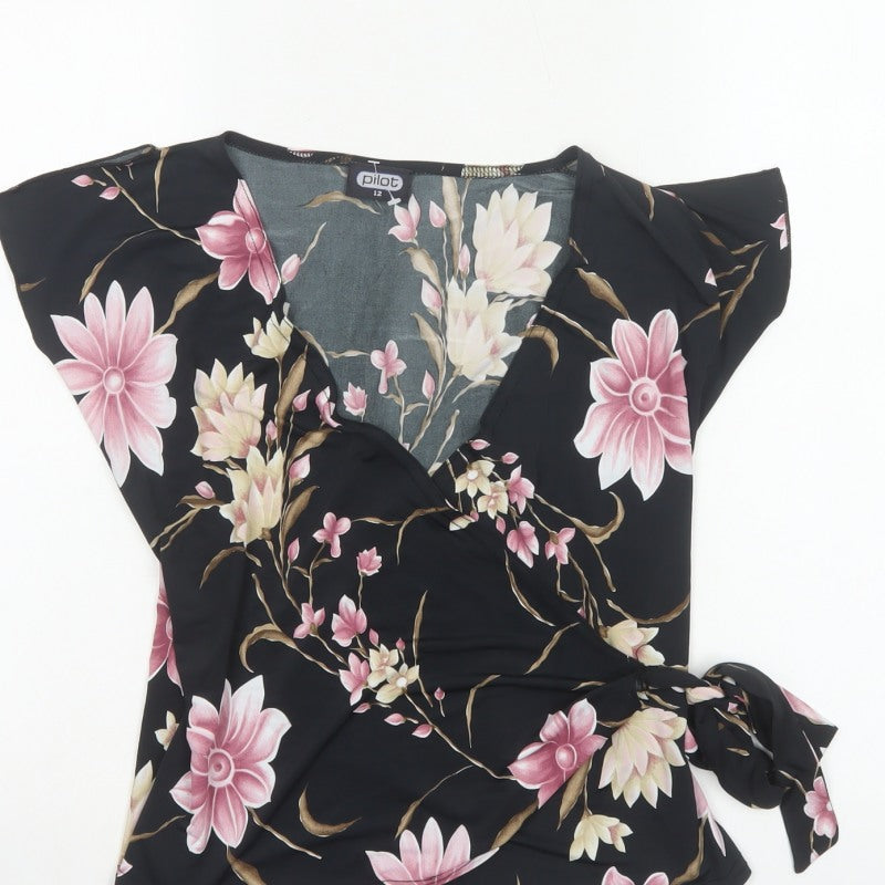 Pilot Women’s Black Floral Wrap Blouse UK 12 Cap Sleeve Tie