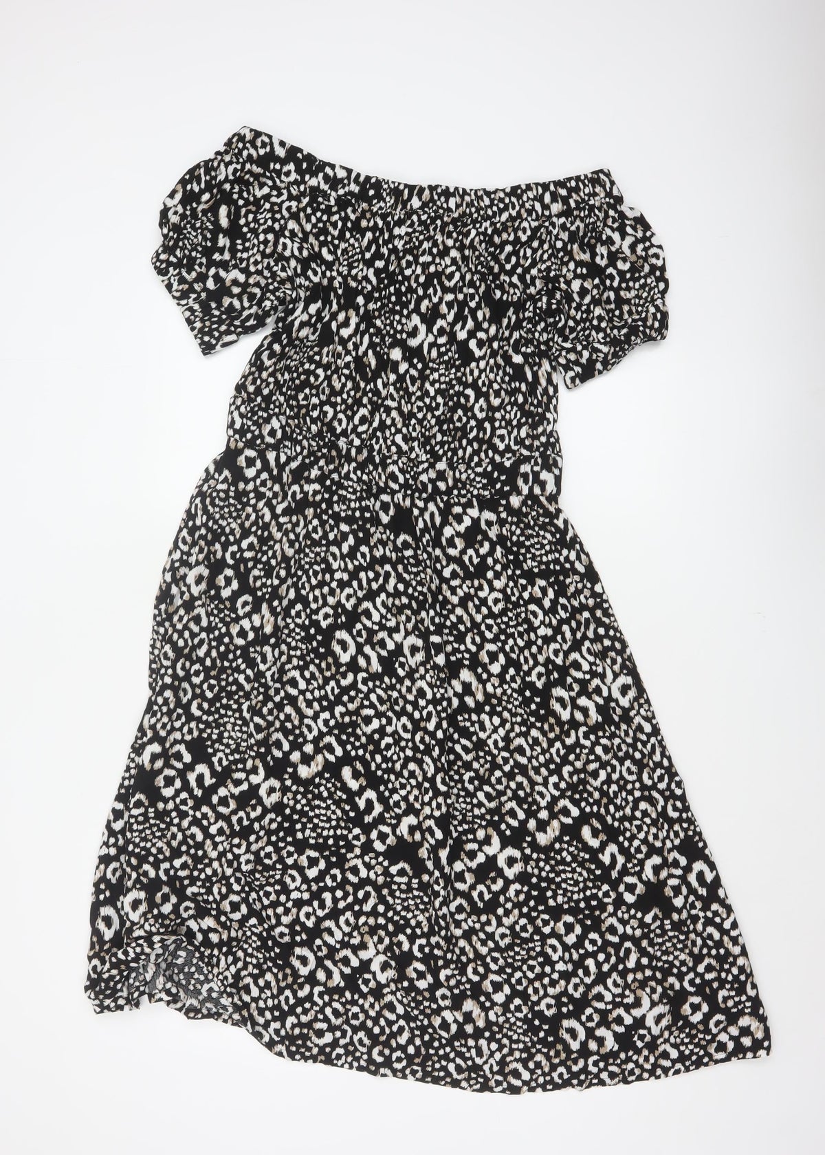 Next Women Black Animal Print UK 12 Off Shoulder Fit & Flare Midi Dress