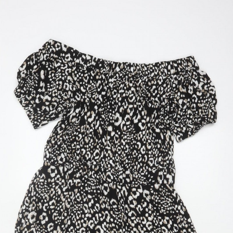 Next Women Black Animal Print UK 12 Off Shoulder Fit & Flare Midi Dress