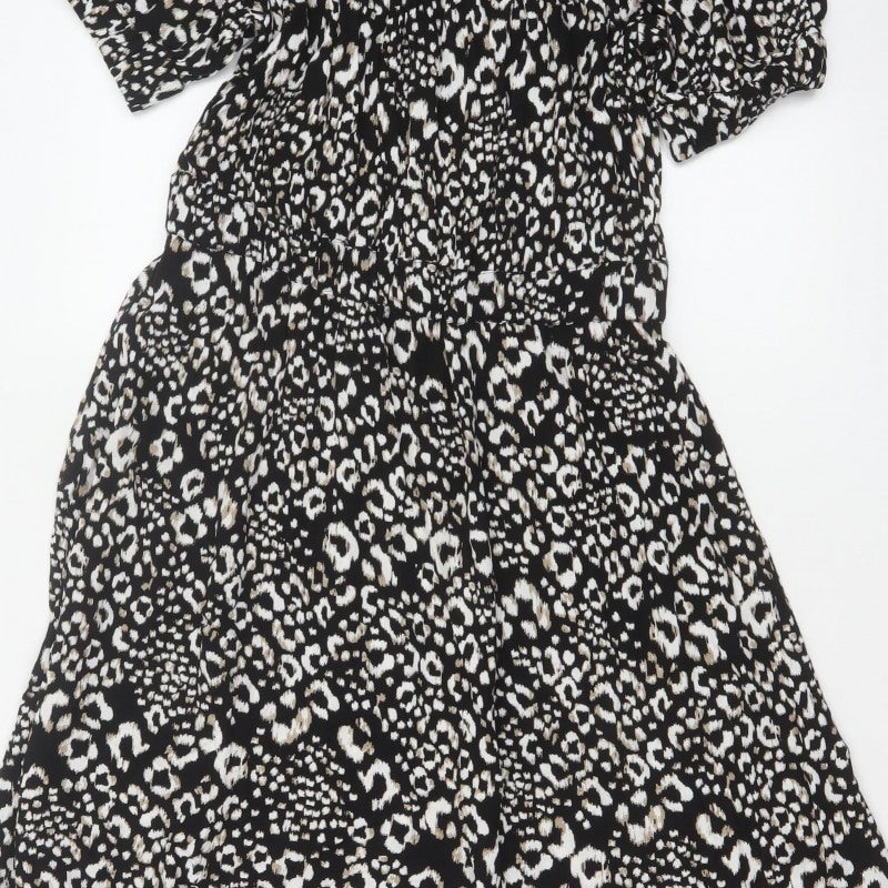 Next Women Black Animal Print UK 12 Off Shoulder Fit & Flare Midi Dress