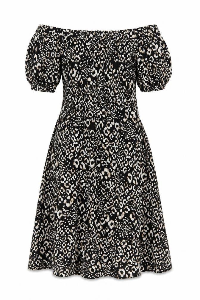 Next Women Black Animal Print UK 12 Off Shoulder Fit & Flare Midi Dress