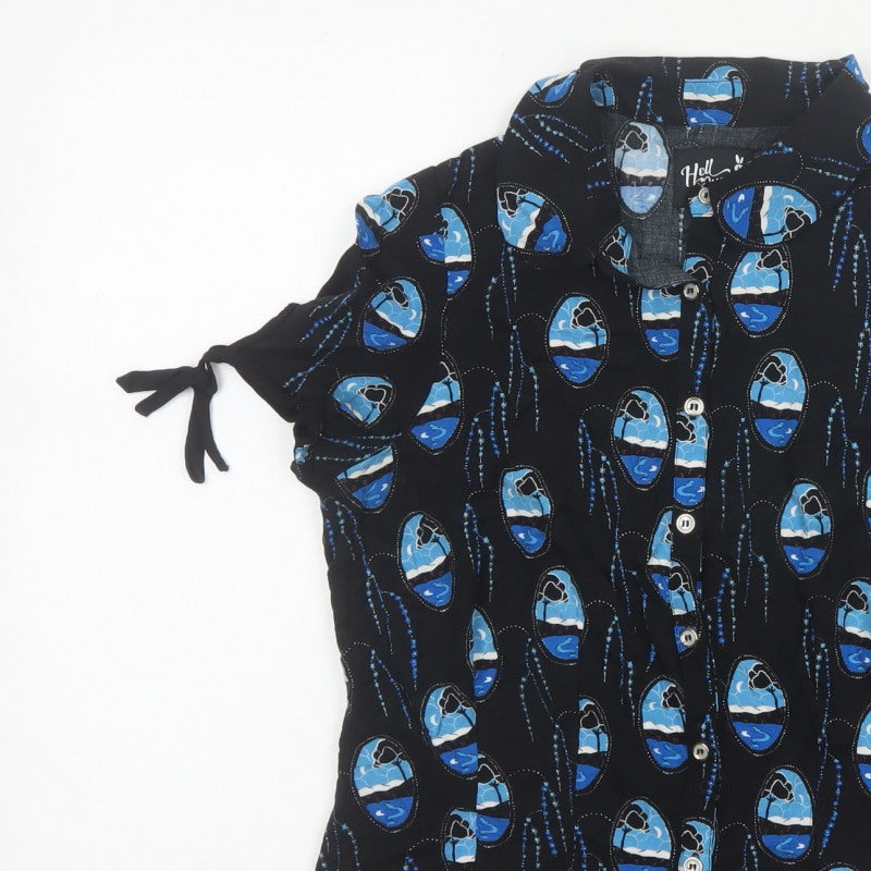 Hell Bunny Women Black Blue UK 12 Kimono Sleeve Button-Up Blouse