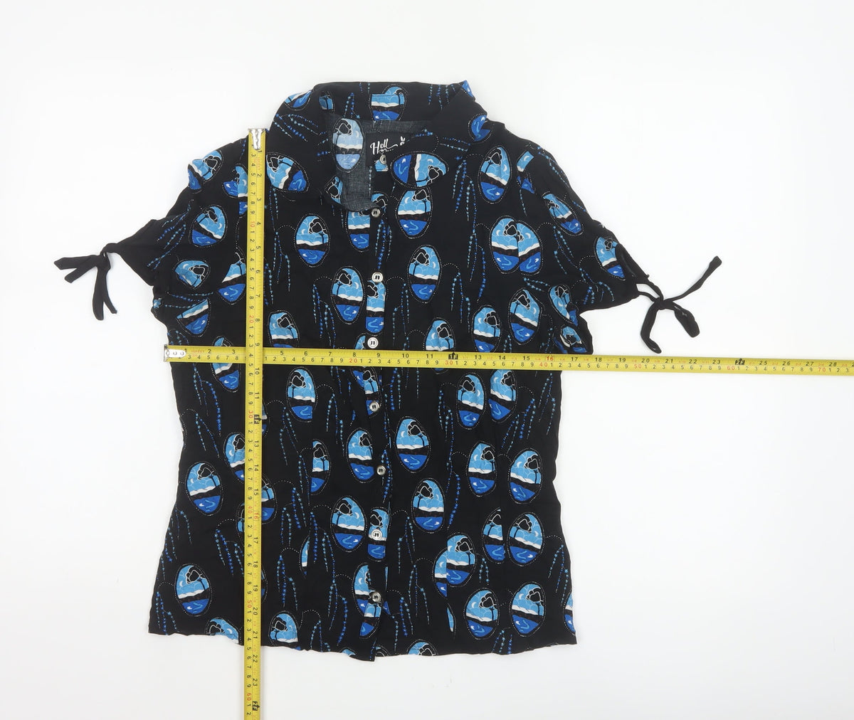 Hell Bunny Women Black Blue UK 12 Kimono Sleeve Button-Up Blouse