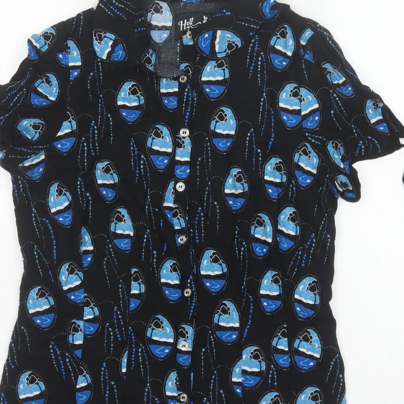 Hell Bunny Women Black Blue UK 12 Kimono Sleeve Button-Up Blouse