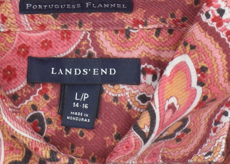 Lands' End Women Pink Paisley Flannel Button-Up Shirt Size 14 Petite