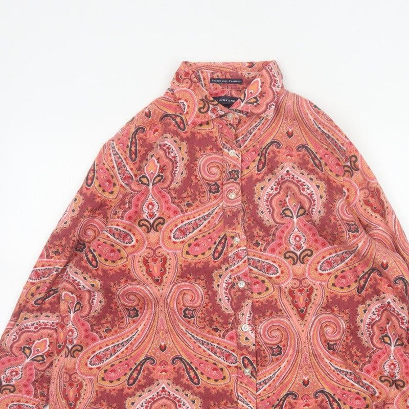 Lands' End Women Pink Paisley Flannel Button-Up Shirt Size 14 Petite