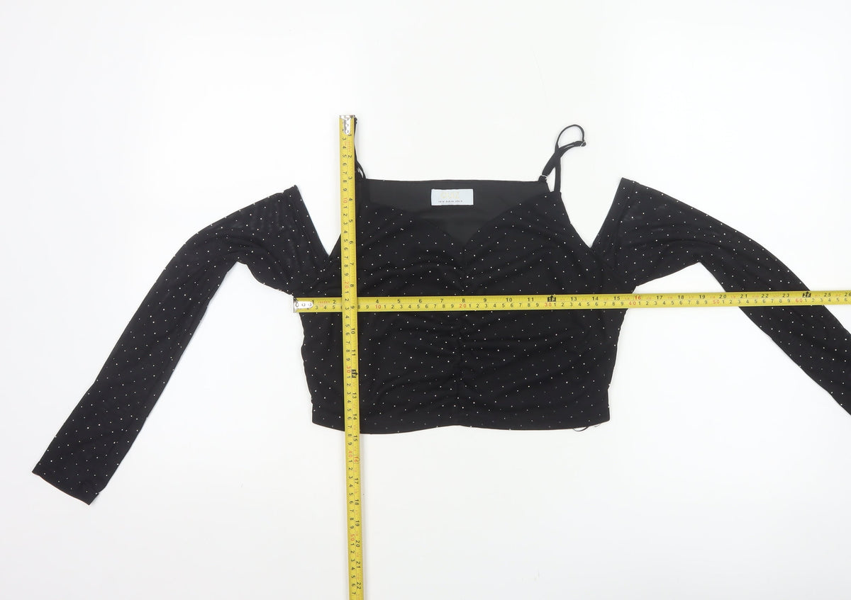 Quiz Women’s Black UK 16 Cropped Cold Shoulder Rhinestone Blouse