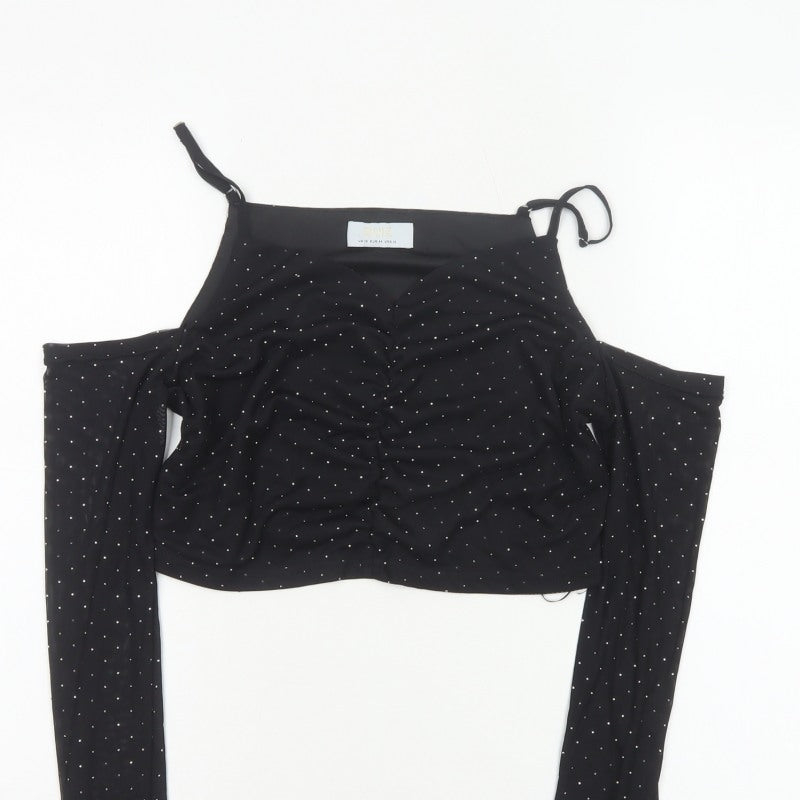 Quiz Women’s Black UK 16 Cropped Cold Shoulder Rhinestone Blouse