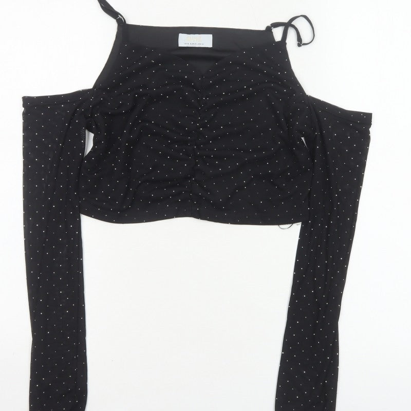 Quiz Women’s Black UK 16 Cropped Cold Shoulder Rhinestone Blouse