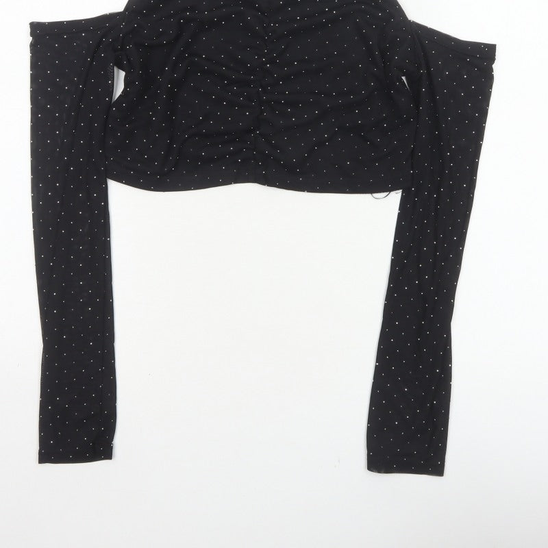 Quiz Women’s Black UK 16 Cropped Cold Shoulder Rhinestone Blouse