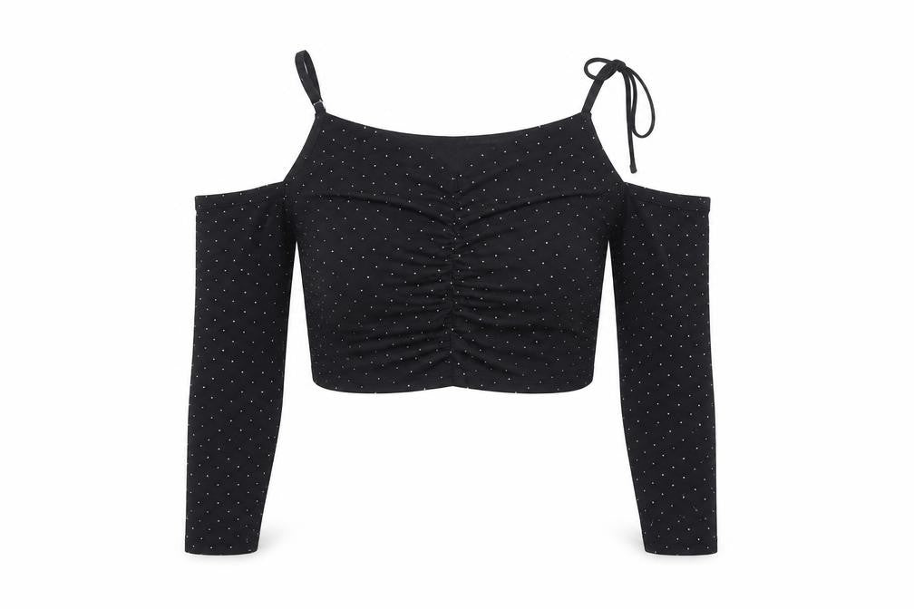 Quiz Women’s Black UK 16 Cropped Cold Shoulder Rhinestone Blouse