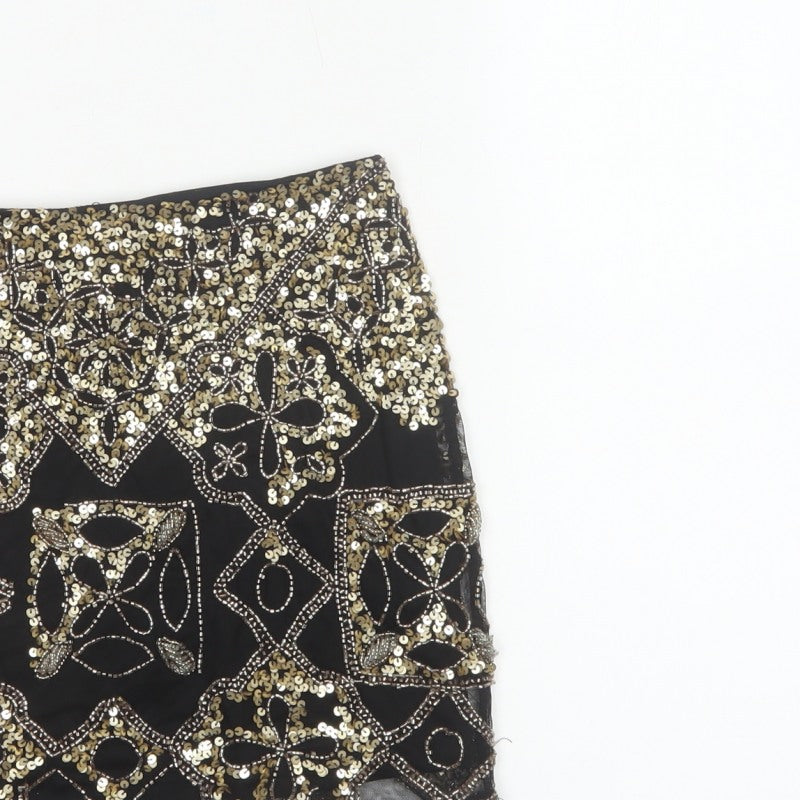Miss Selfridge Women Black Gold Sequin Beaded Mini Party Skirt UK 8
