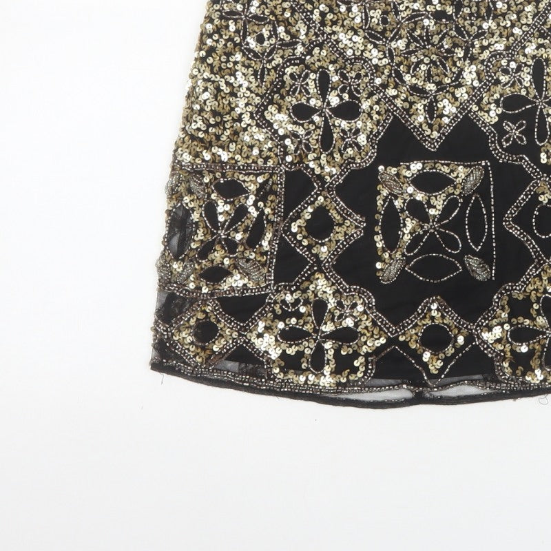 Miss Selfridge Women Black Gold Sequin Beaded Mini Party Skirt UK 8