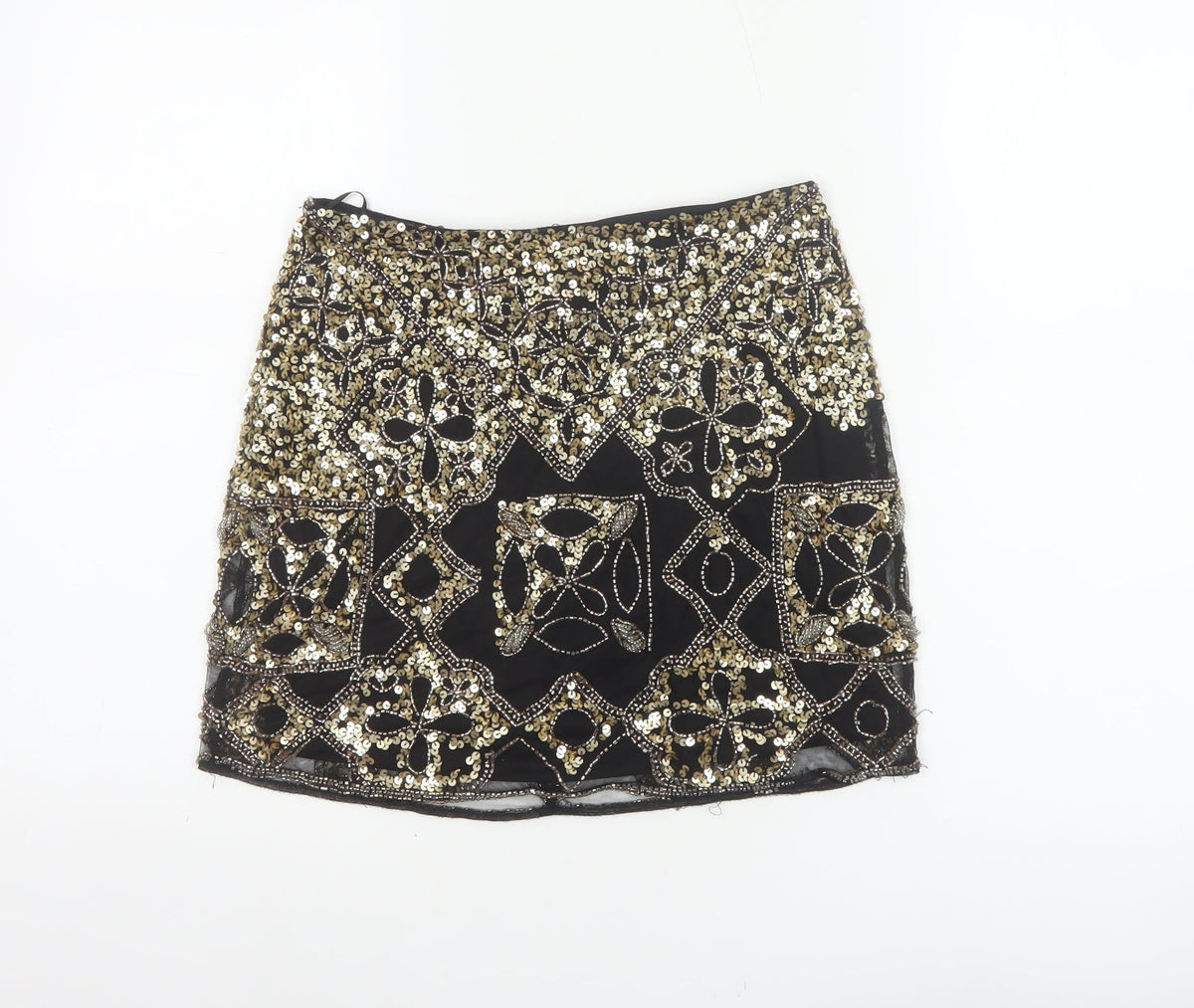 Miss Selfridge Women Black Gold Sequin Beaded Mini Party Skirt UK 8