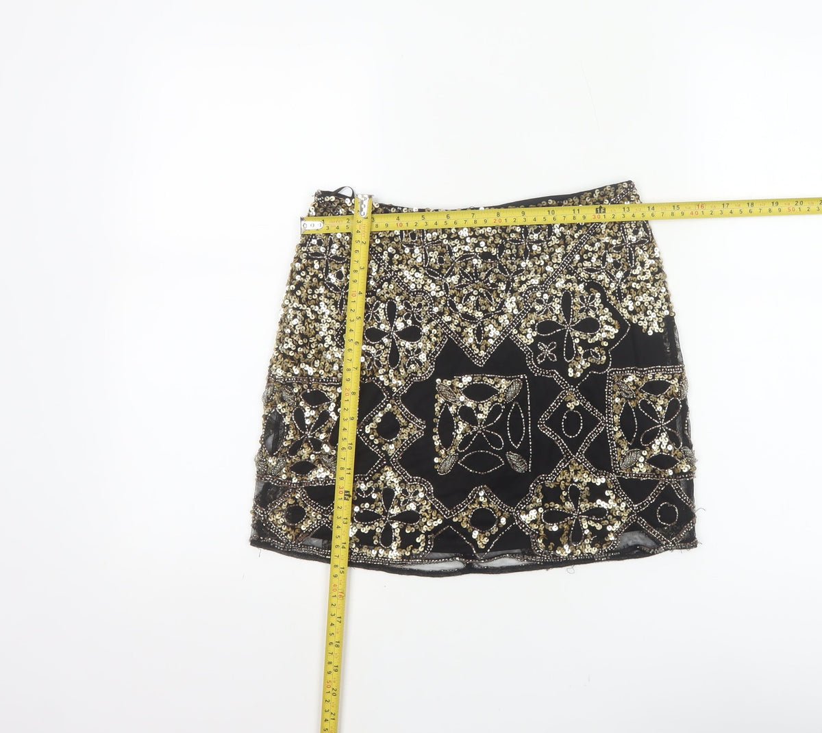 Miss Selfridge Women Black Gold Sequin Beaded Mini Party Skirt UK 8