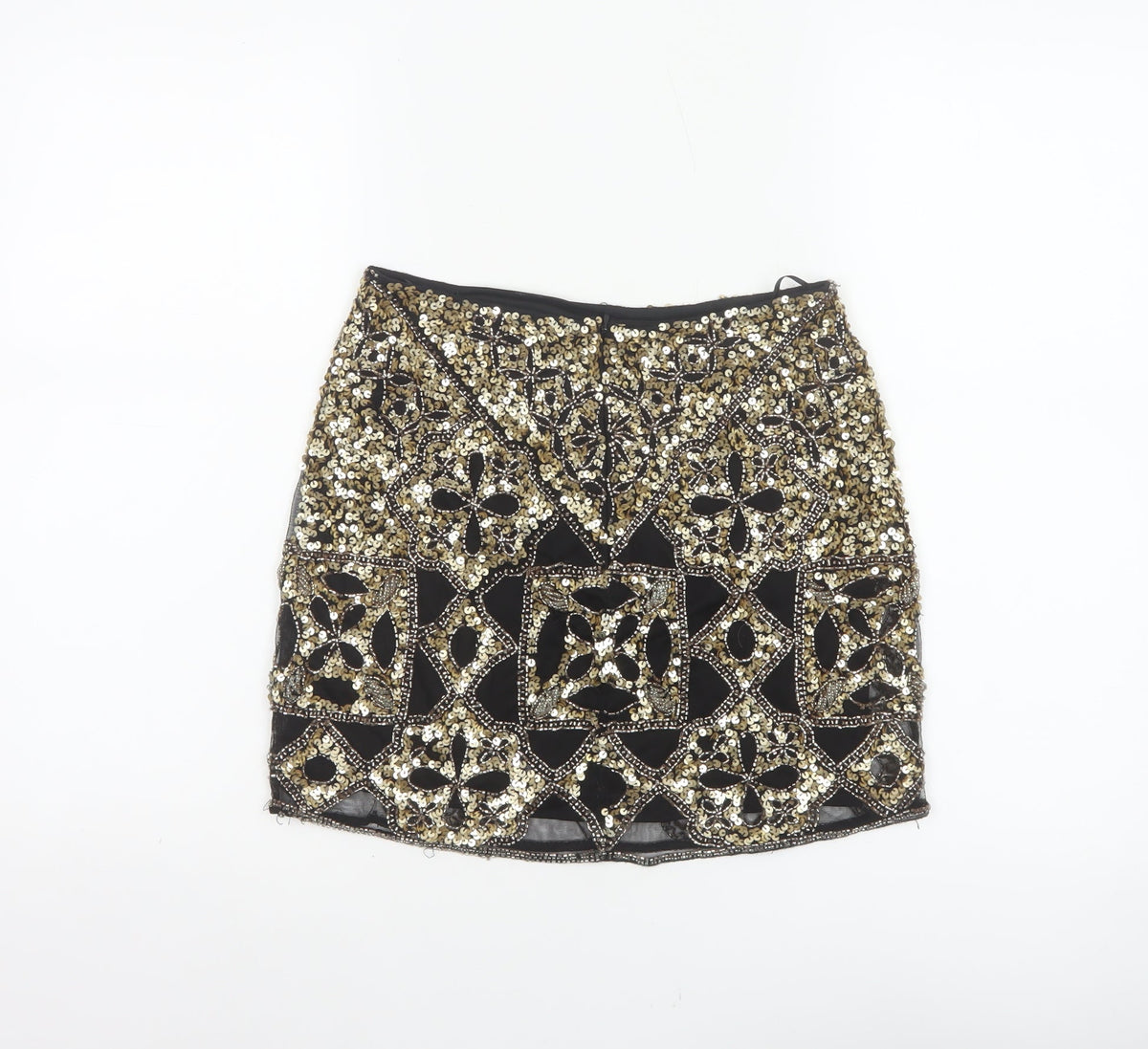 Miss Selfridge Women Black Gold Sequin Beaded Mini Party Skirt UK 8