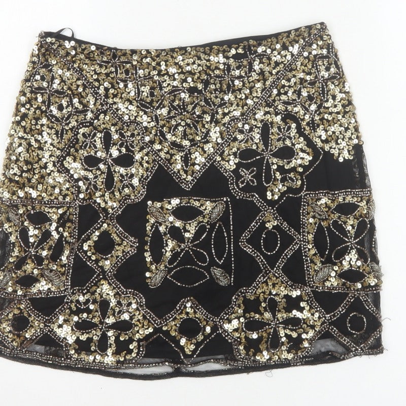 Miss Selfridge Women Black Gold Sequin Beaded Mini Party Skirt UK 8