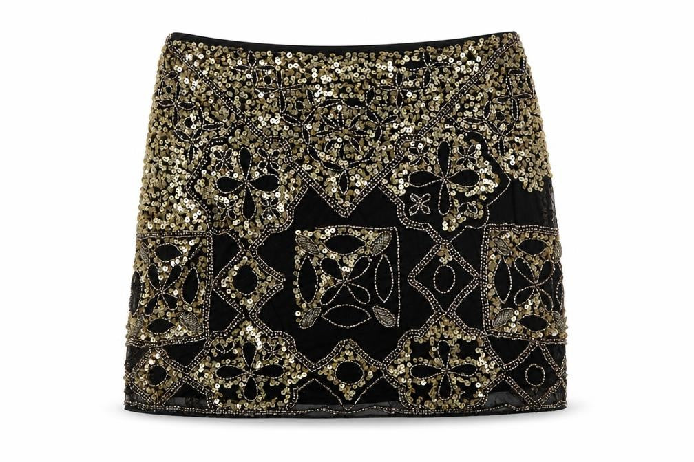 Miss Selfridge Women Black Gold Sequin Beaded Mini Party Skirt UK 8