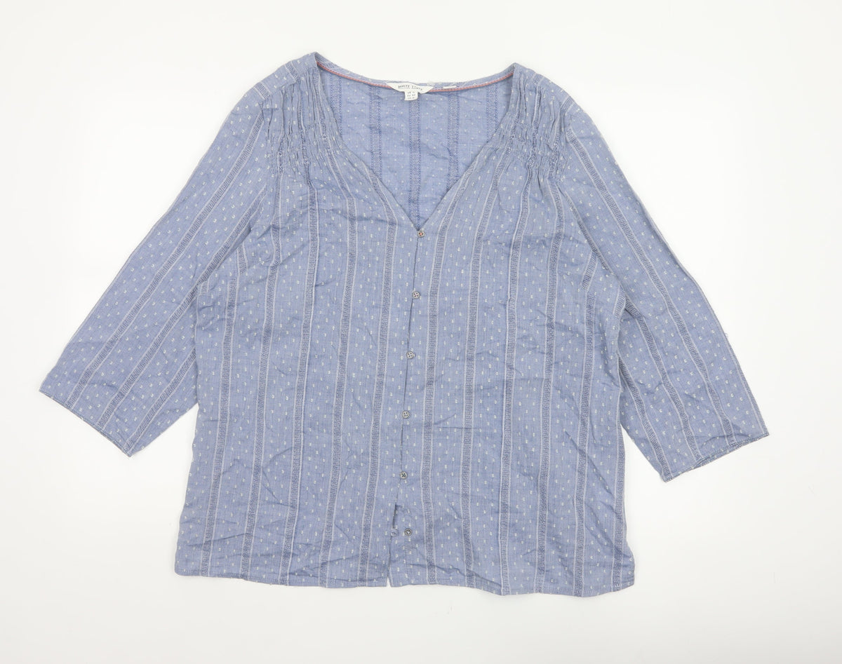 White Stuff Women Blue UK 16 Striped Cotton Button-Up V-Neck Blouse