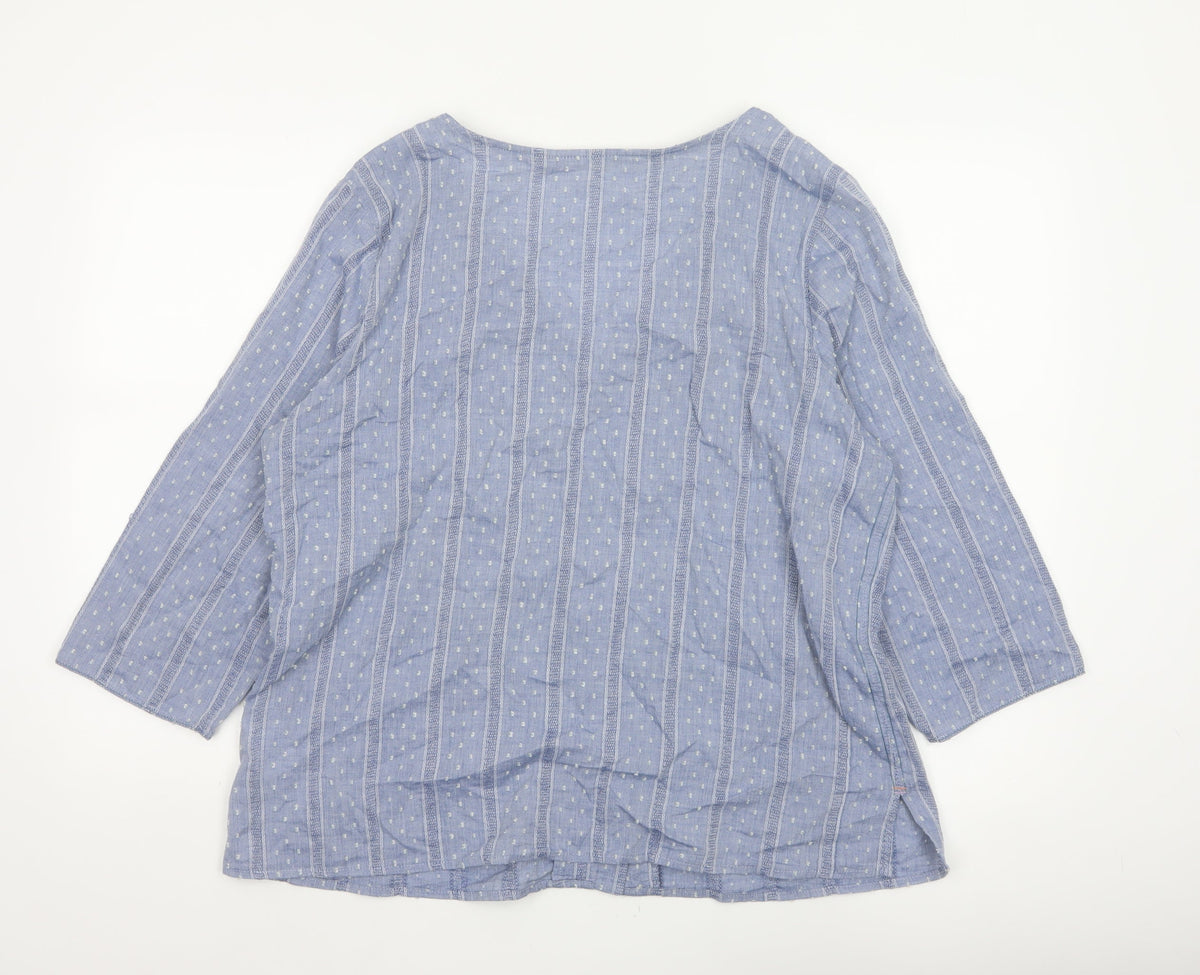 White Stuff Women Blue UK 16 Striped Cotton Button-Up V-Neck Blouse
