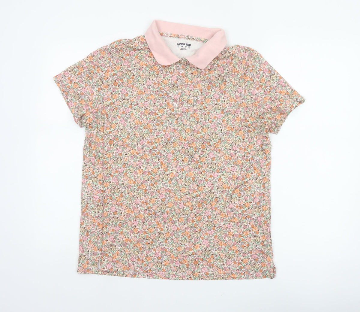Lands' End Women’s Multicoloured Floral Cotton Polo Top Size L