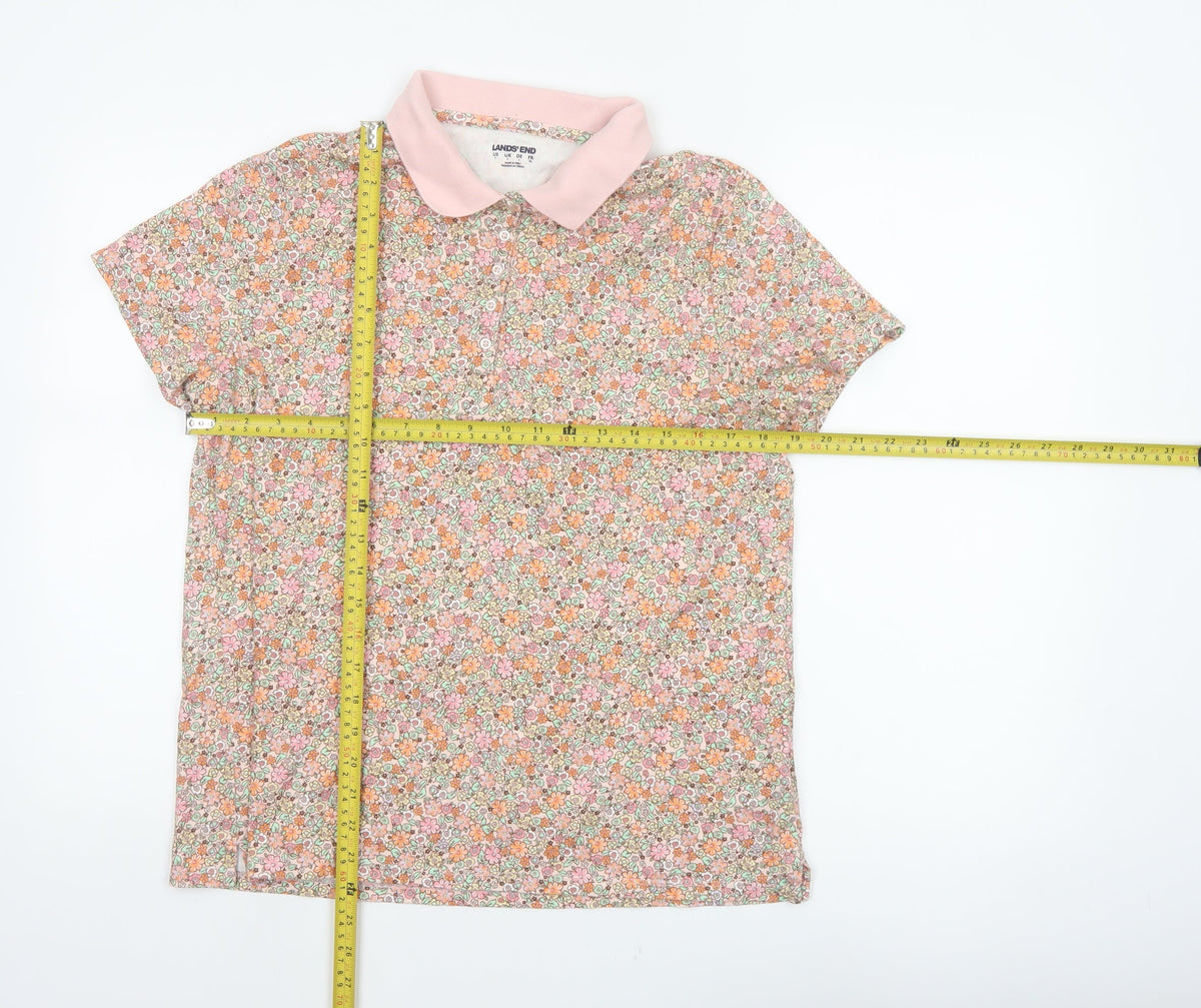 Lands' End Women’s Multicoloured Floral Cotton Polo Top Size L