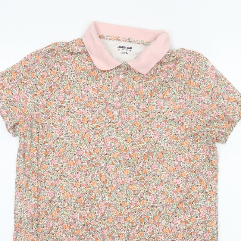 Lands' End Women’s Multicoloured Floral Cotton Polo Top Size L