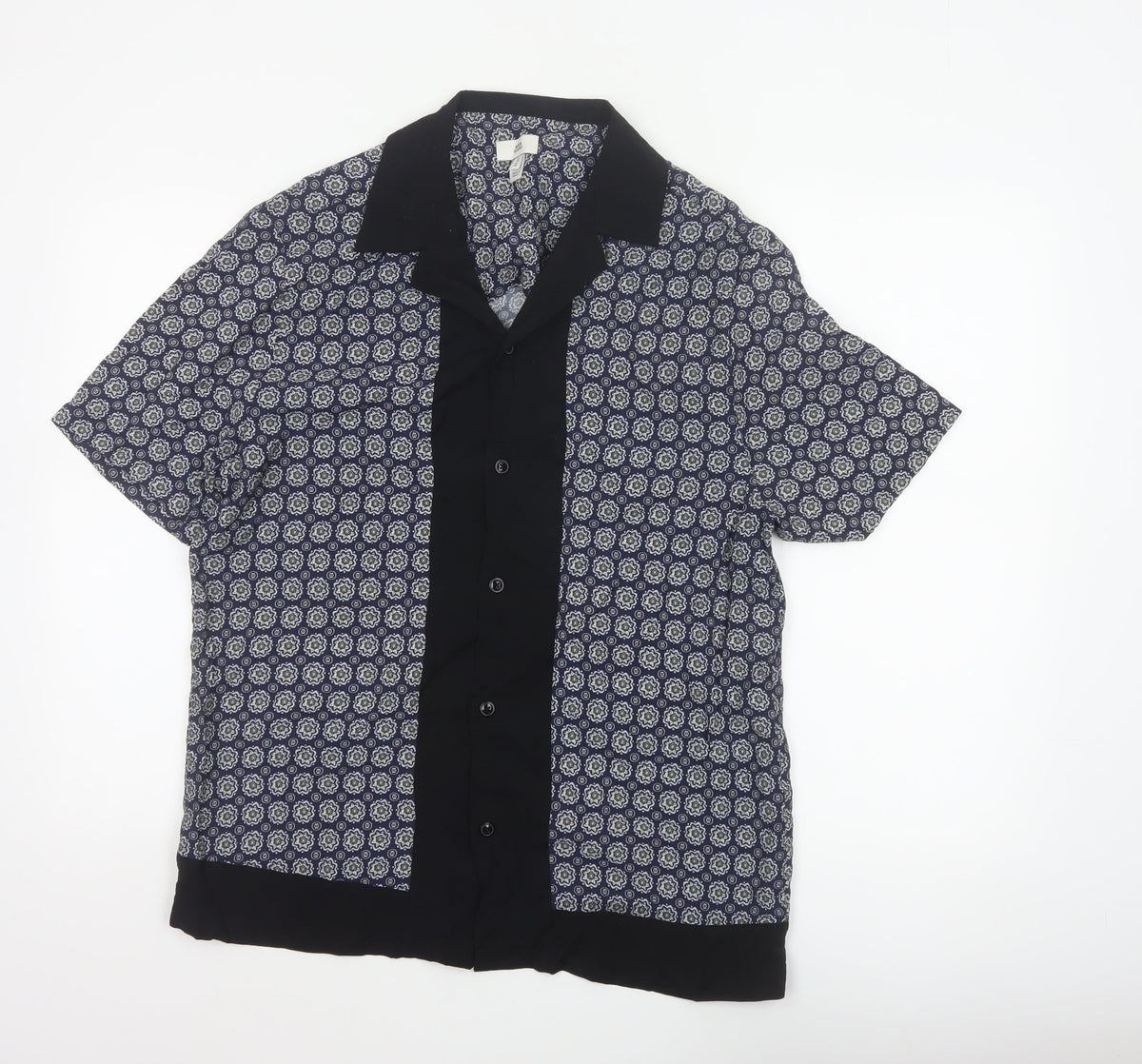 River Island Men’s Blue M Geometric Print Short Sleeve Button-Up Shirt