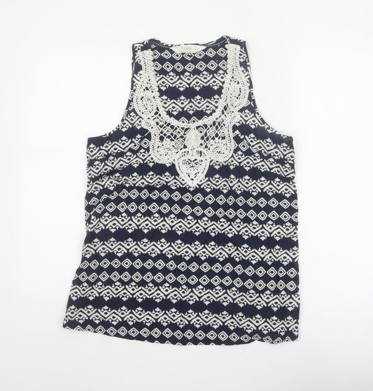 Fat Face Women Blue & Ivory UK 12 Geometric Crochet Cotton Tank Top