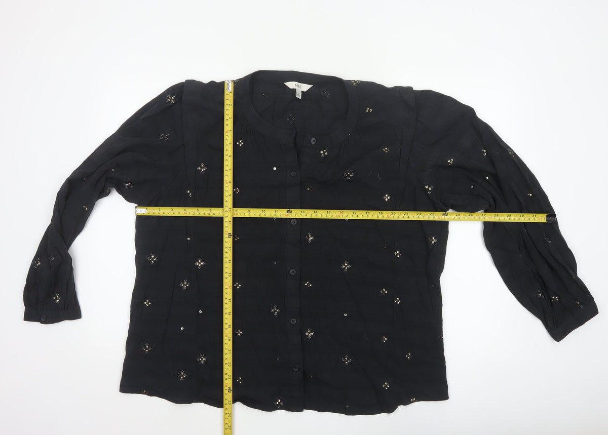 Marks and Spencer Women Black UK 20 Sequin Floral Button-Up Blouse