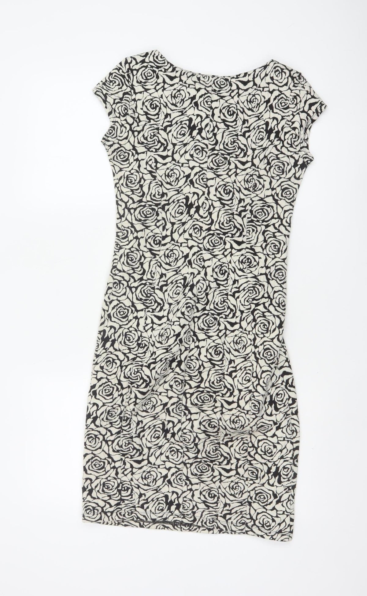 Dorothy Perkins Women Black Ivory UK 6 Bodycon Knee Dress Floral Cap Sleeve