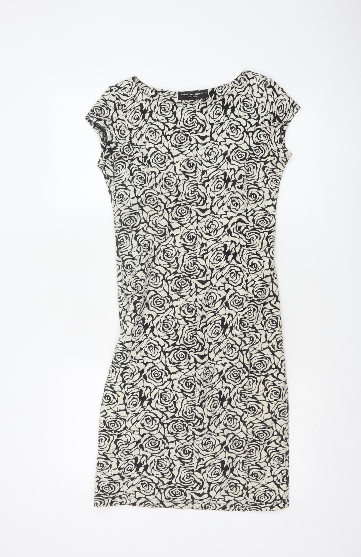 Dorothy Perkins Women Black Ivory UK 6 Bodycon Knee Dress Floral Cap Sleeve